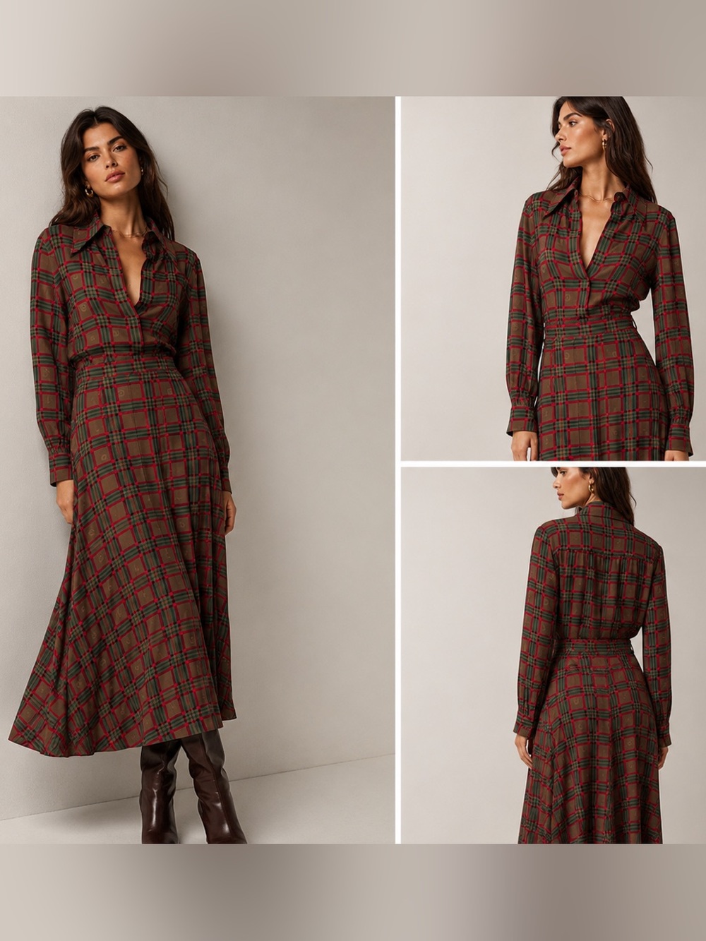 Vintage 1980’s Gucci GG Monogram Tartan Plaid Blouse & Skirt Suit Set Silk IT 44